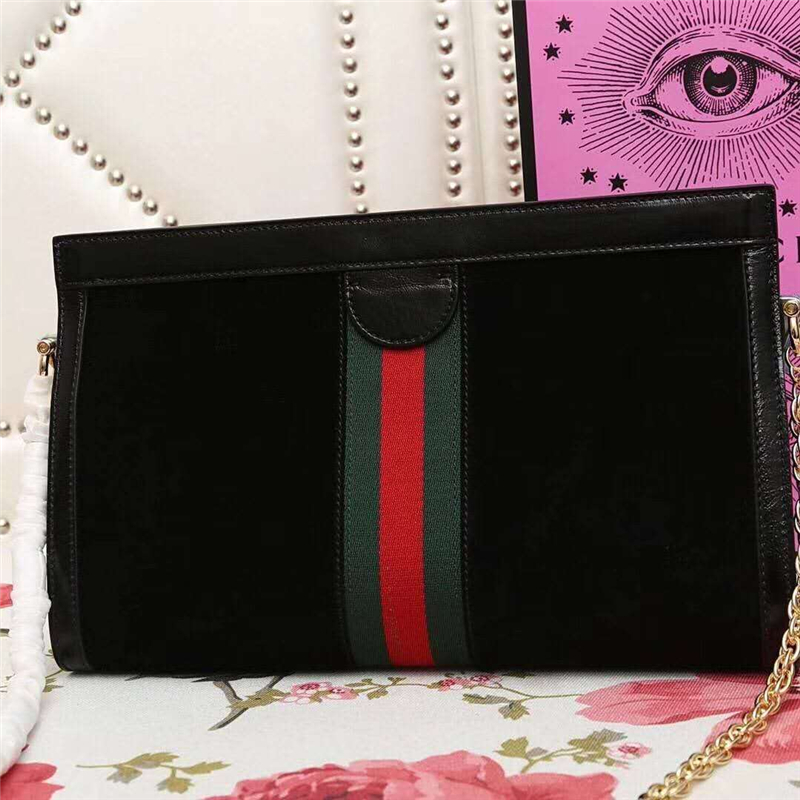 503877 Gucci Ophidia系列 麂皮 雙G 嵌花條紋織帶 鏈條肩背包 黑色