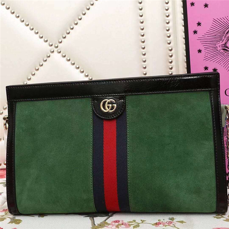 503877 Gucci Ophidia系列 麂皮 雙G 嵌花條紋織帶 鏈條肩背包 綠色