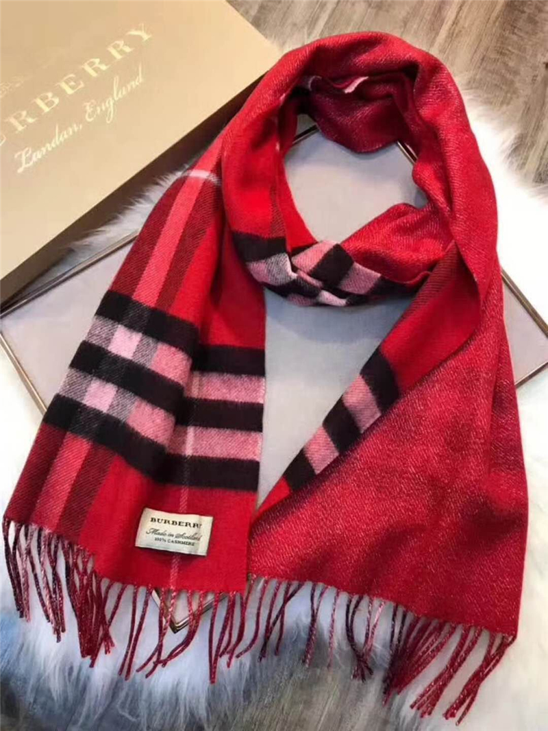 Burberry 巴寶莉 17年最新款 雙面兩用 金屬感格紋 羊絨圍巾 紅色