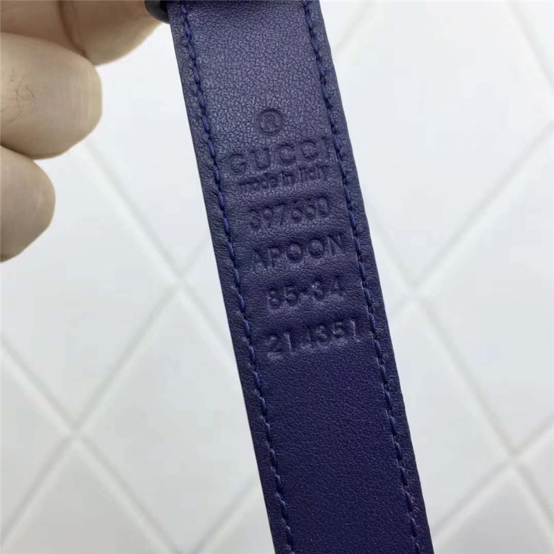 2008114899 Gucci 2017年新款 牛皮 金屬蝴蝶結飾釘 雙G帶扣 女式皮帶 藍色
