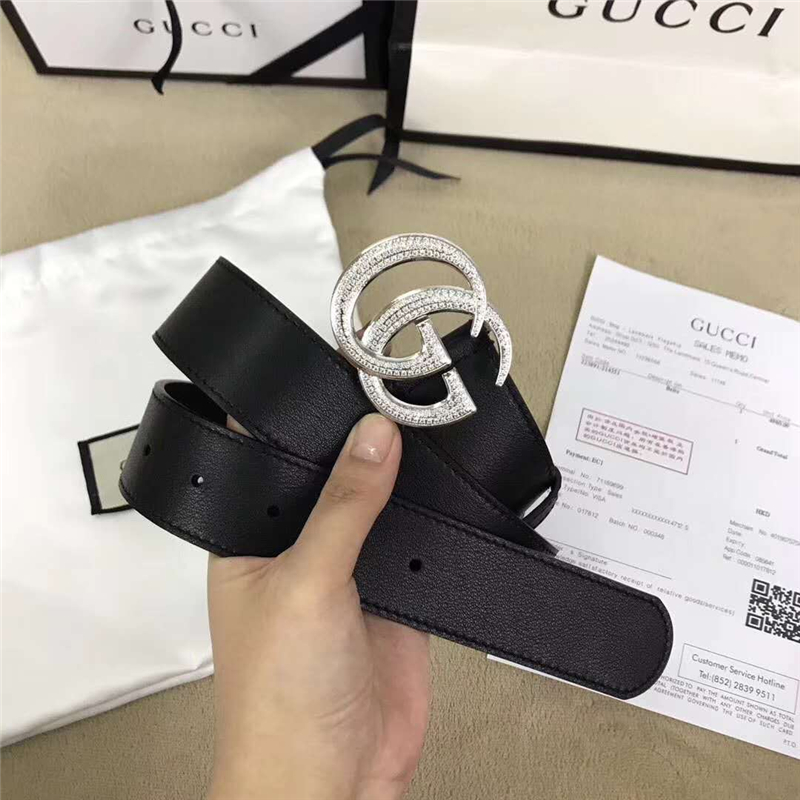 4208114879 Gucci 2017新款 牛皮 互扣式滿鉆GG帶扣 Gucci腰帶 男款皮帶 銀色