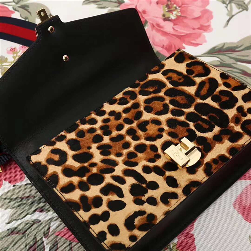 421882 GUCCI Sylvie新款 豹紋 蝴蝶結織帶 單肩女包 啡色