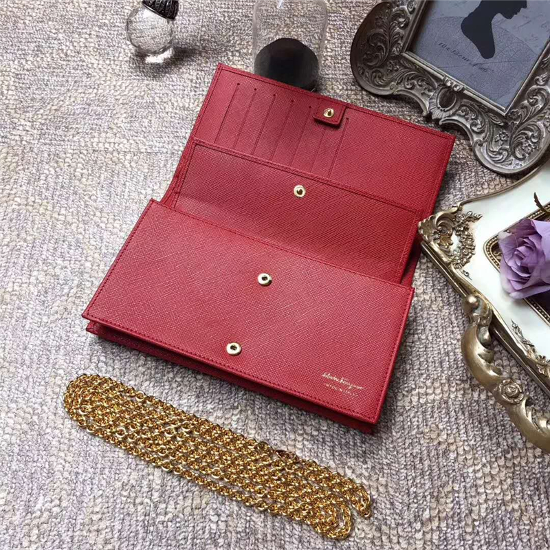 22B875 Ferragamo 菲拉格慕 淡金色Vara蝴蝶結 多功能小包 大紅