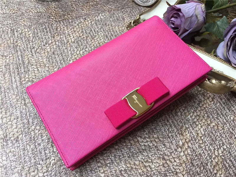 22B875 Ferragamo 菲拉格慕 淡金色Vara蝴蝶結 多功能小包 桃紅