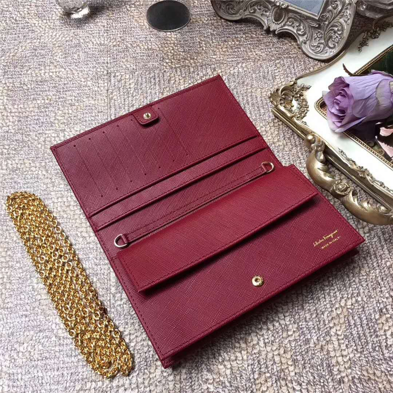 22B875 Ferragamo 菲拉格慕 淡金色Vara蝴蝶結 多功能小包 棗紅