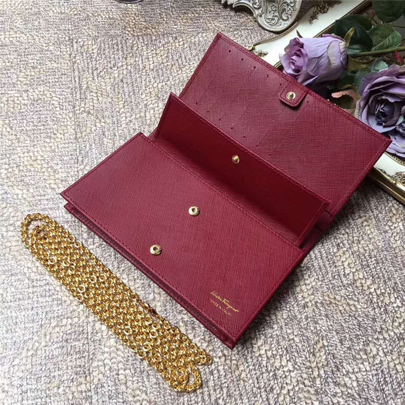 22B875 Ferragamo 菲拉格慕 淡金色Vara蝴蝶結 多功能小包 棗紅