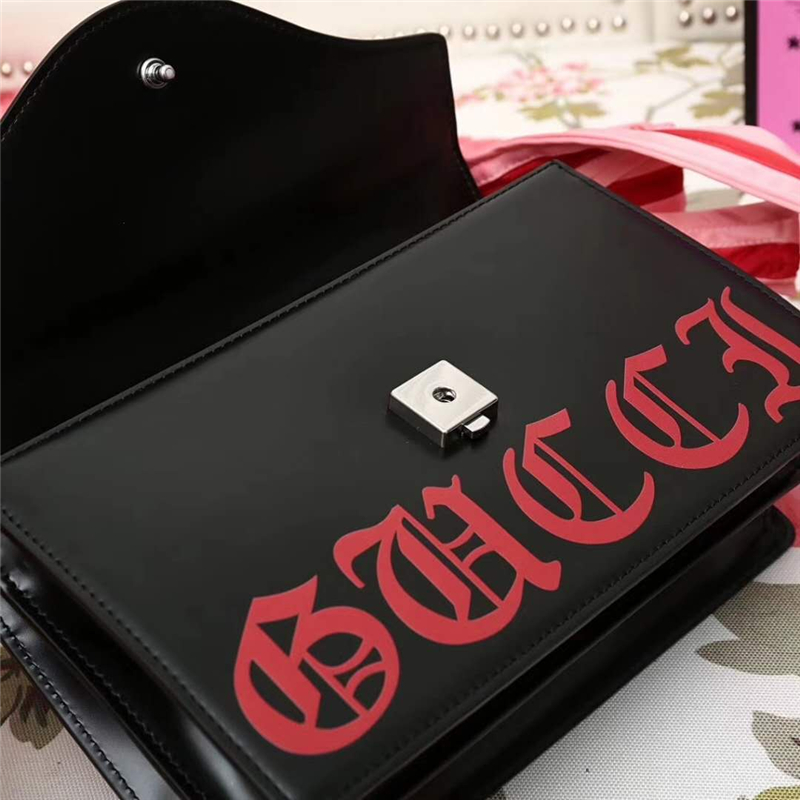 466404 GUCCI 新款 龍頭印花 絲緞提手肩帶 手提單肩包 黑色