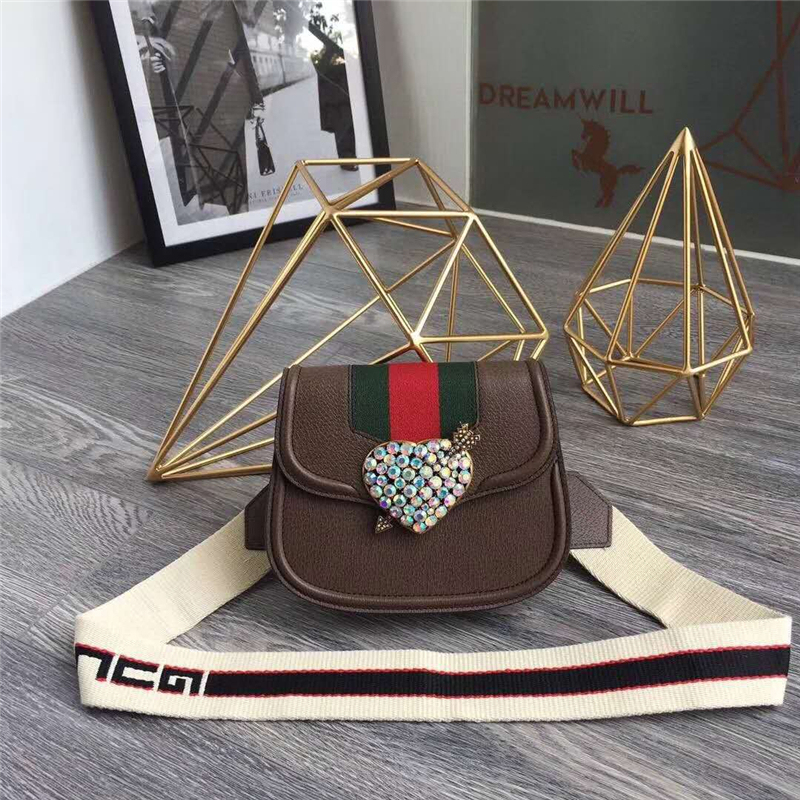 500756 Gucci Totem系列 鑲鉆桃心搭扣 馬鞍包 褐色
