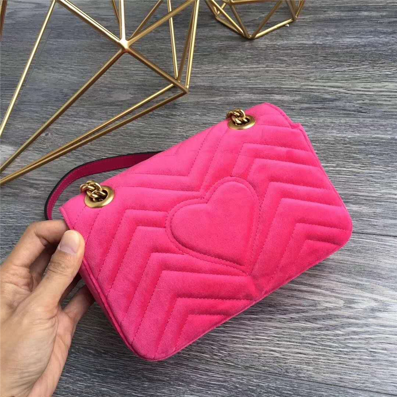 446744 GUCCI GG Marmont系列 刺繡 鴿絨 鏈條肩包 桃紅