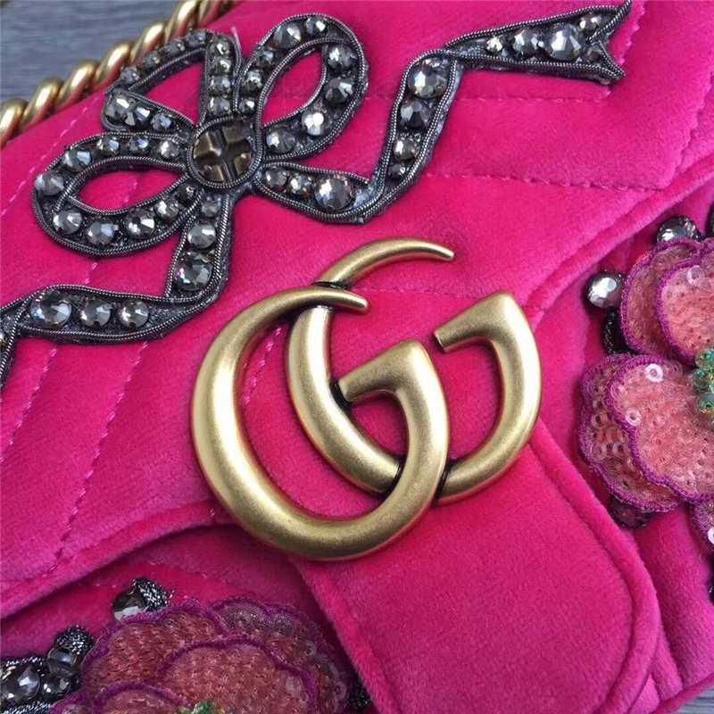 446744 GUCCI GG Marmont系列 刺繡 鴿絨 鏈條肩包 桃紅