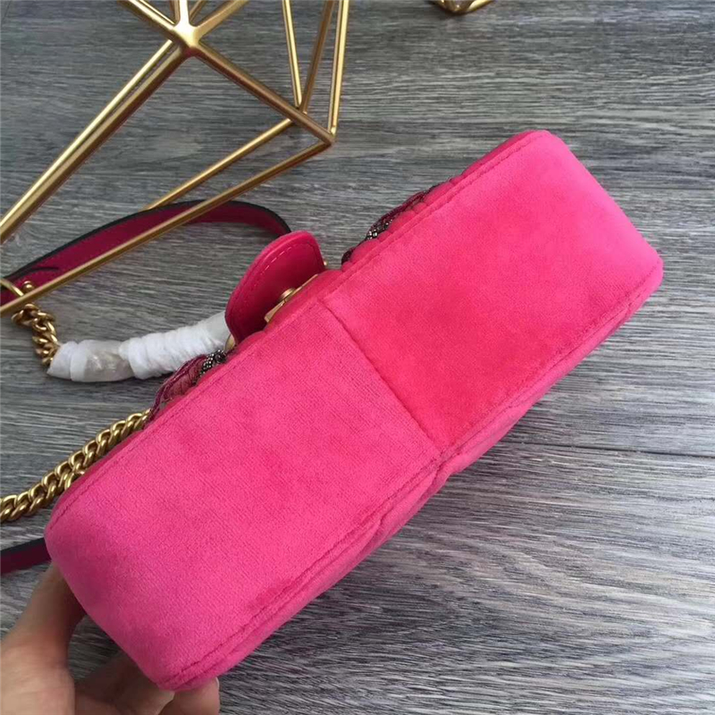 446744 GUCCI GG Marmont系列 刺繡 鴿絨 鏈條肩包 桃紅