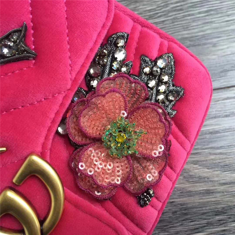 446744 GUCCI GG Marmont系列 刺繡 鴿絨 鏈條肩包 桃紅