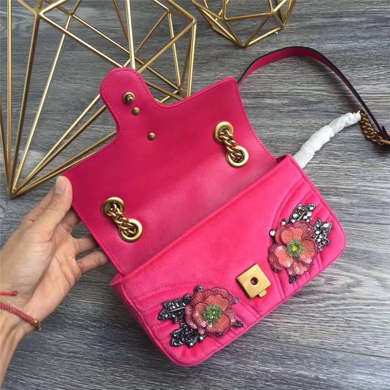 446744 GUCCI GG Marmont系列 刺繡 鴿絨 鏈條肩包 桃紅