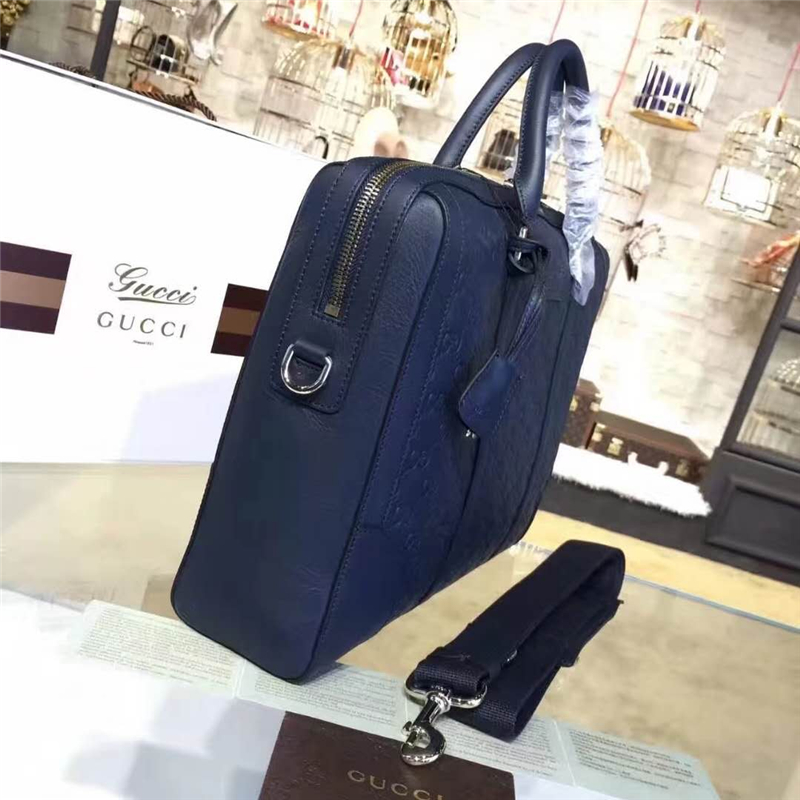 406384 Gucci標(biāo)志真皮 熱壓紋 手提肩背公文包 藍(lán)色