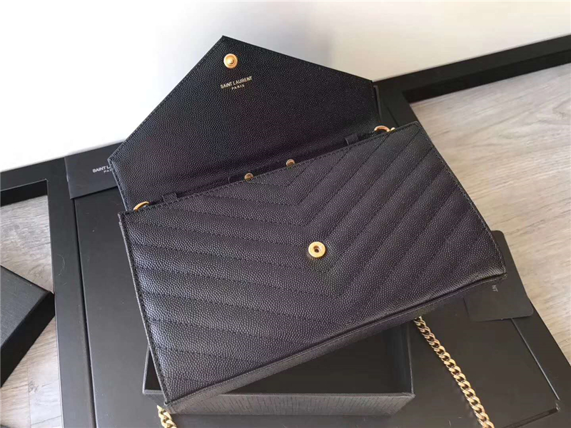 377828 YSL 進口魚子醬皮 圣羅蘭 真皮鏈式皮夾 黑色金飾