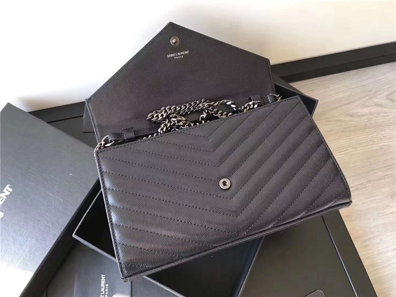 377828 YSL 進口魚子醬皮 圣羅蘭 真皮鏈式皮夾 黑色鈦金