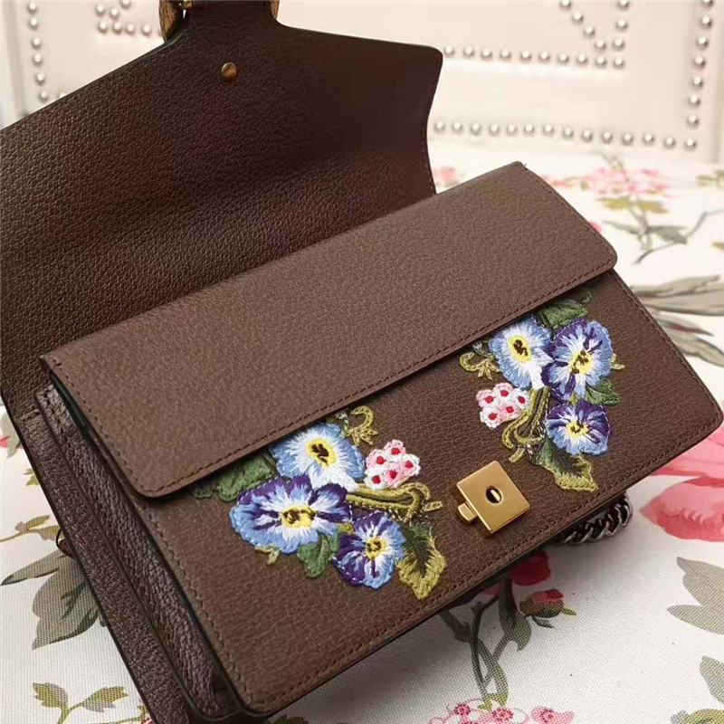 400249 Dionysus系列 刺繡喇叭花 織紋虎頭扣 酒神鏈條包 啡色