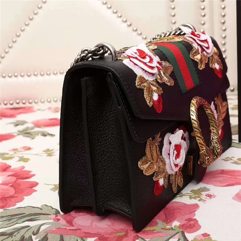 400249 Dionysus系列 刺繡喇叭花 織紋虎頭扣 酒神鏈條包 黑色