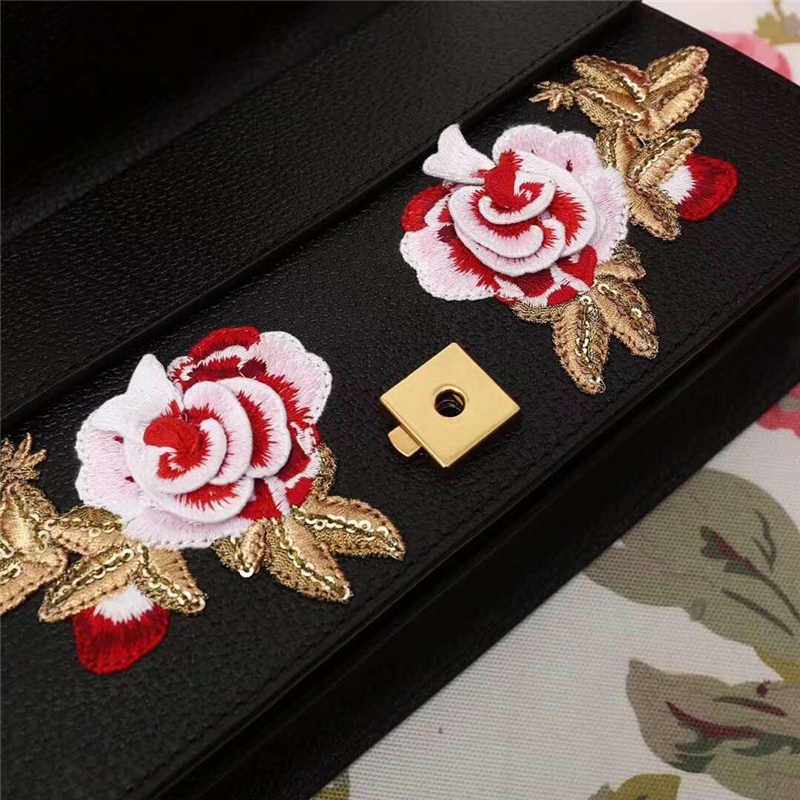 400249 Dionysus系列 刺繡喇叭花 織紋虎頭扣 酒神鏈條包 黑色