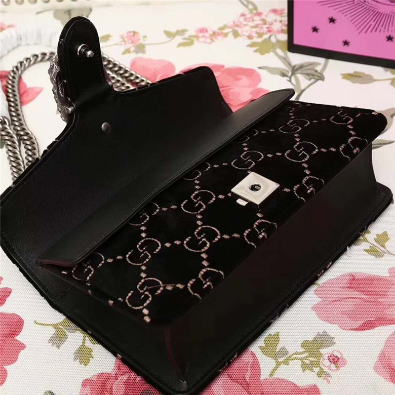 499623 Dionysus系列 GG天鵝絨 織紋虎頭扣 鏈條肩包 黑色