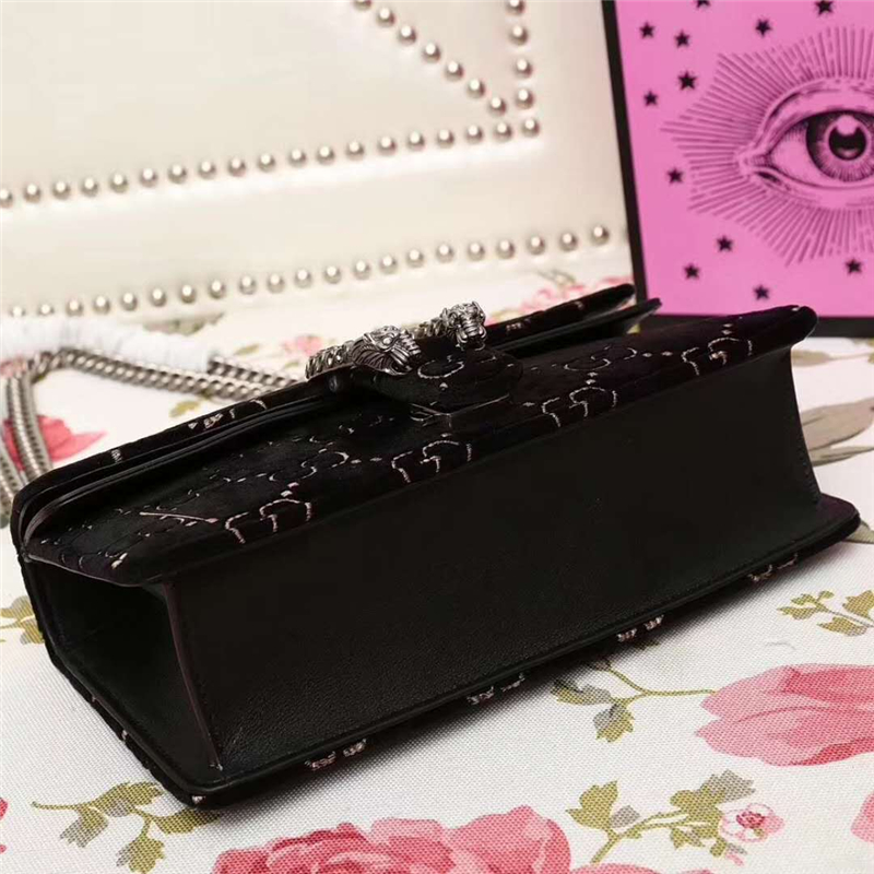 499623 Dionysus系列 GG天鵝絨 織紋虎頭扣 鏈條肩包 黑色