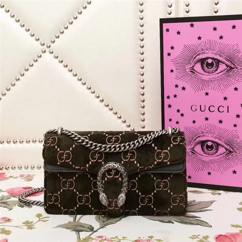 499623 Dionysus系列 GG天鵝絨 織紋虎頭扣 鏈條肩包 橄欖綠