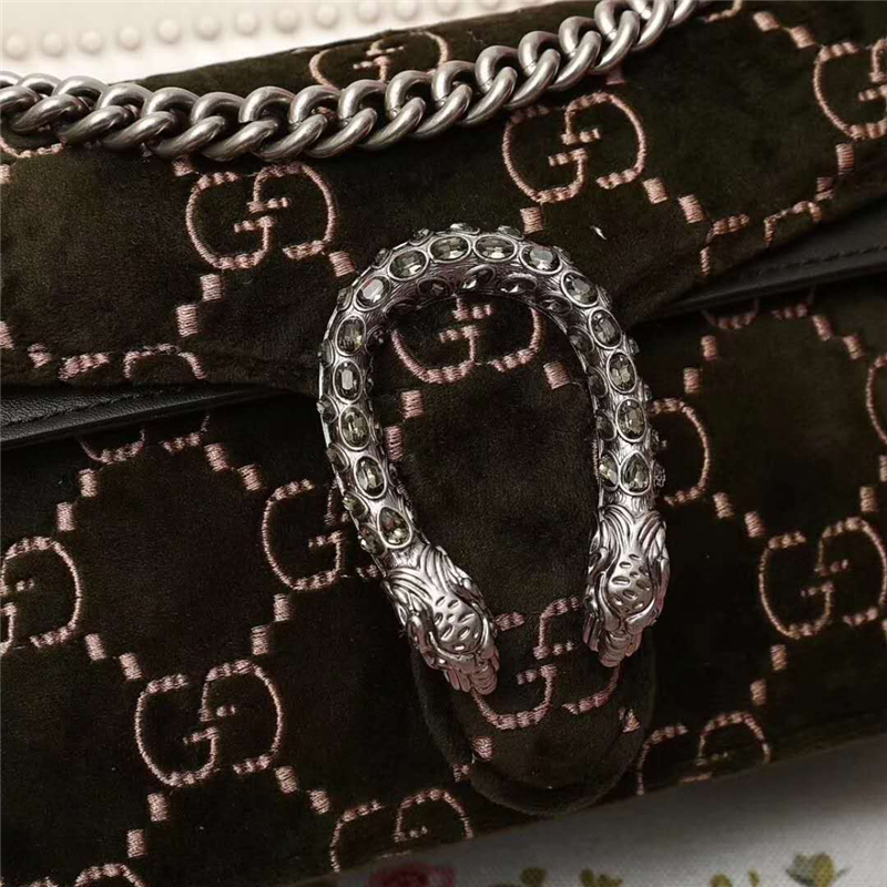 499623 Dionysus系列 GG天鵝絨 織紋虎頭扣 鏈條肩包 橄欖綠