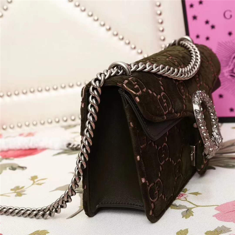 499623 Dionysus系列 GG天鵝絨 織紋虎頭扣 鏈條肩包 橄欖綠