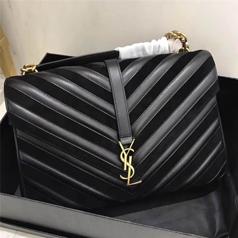 392738 YSL圣羅蘭 麂皮拼羊皮 V紋 大號 鏈條郵差包 黑色