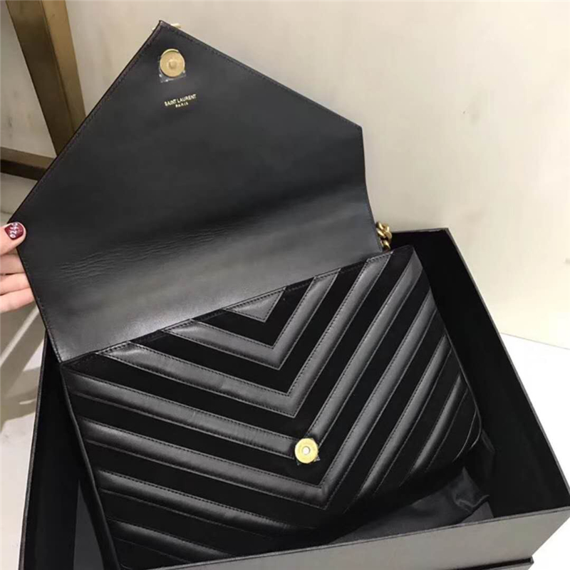 392738 YSL圣羅蘭 麂皮拼羊皮 V紋 大號 鏈條郵差包 黑色