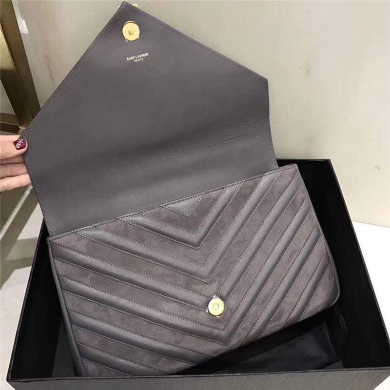 392738 YSL圣羅蘭 麂皮拼羊皮 V紋 大號 鏈條郵差包 灰色