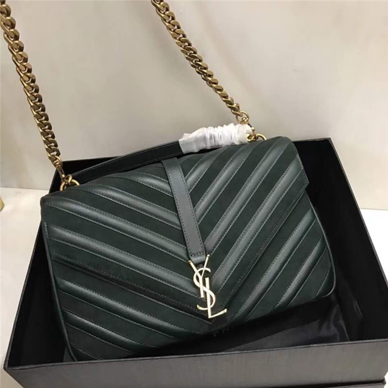 392738 YSL圣羅蘭 麂皮拼羊皮 V紋 大號 鏈條郵差包 墨綠色
