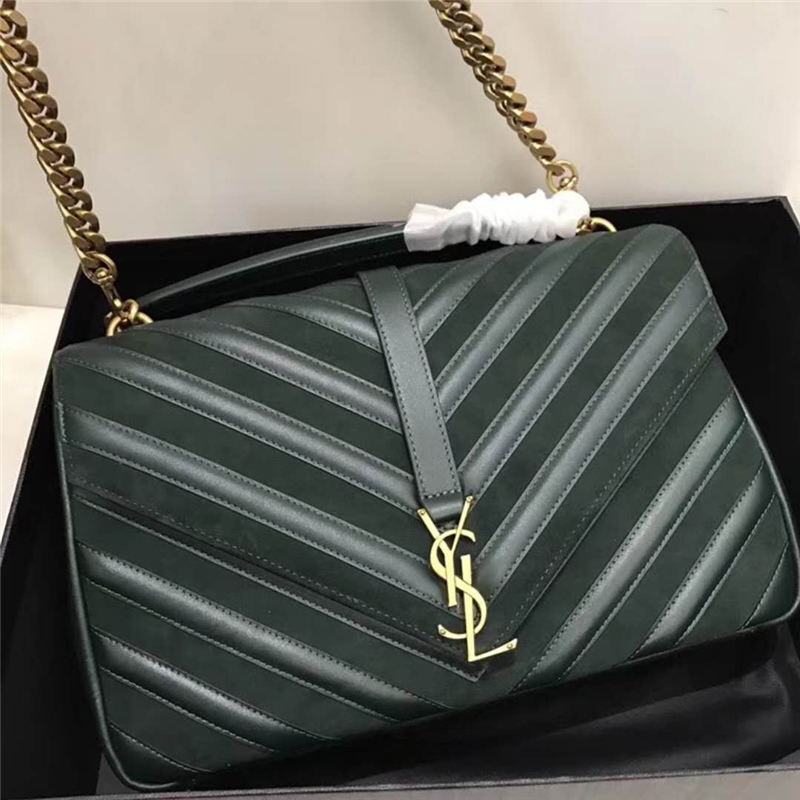 392738 YSL圣羅蘭 麂皮拼羊皮 V紋 大號 鏈條郵差包 墨綠色