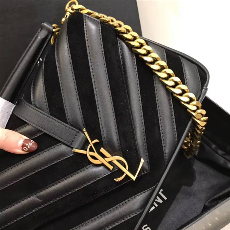 392737 YSL圣羅蘭 麂皮拼羊皮 V紋 中號 鏈條郵差包 黑色