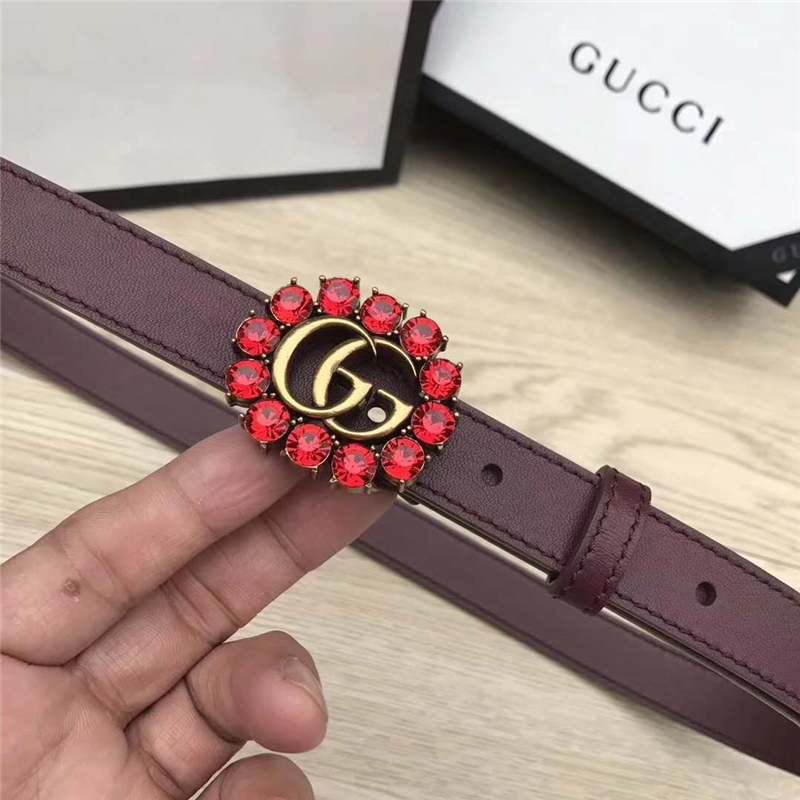 Gucci 模特走秀款 紅色水晶 雙G帶扣 皮革腰帶 葡萄紫