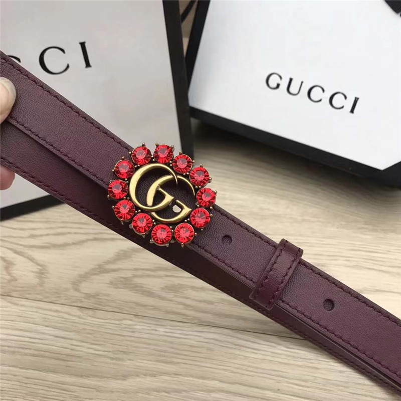Gucci 模特走秀款 紅色水晶 雙G帶扣 皮革腰帶 葡萄紫