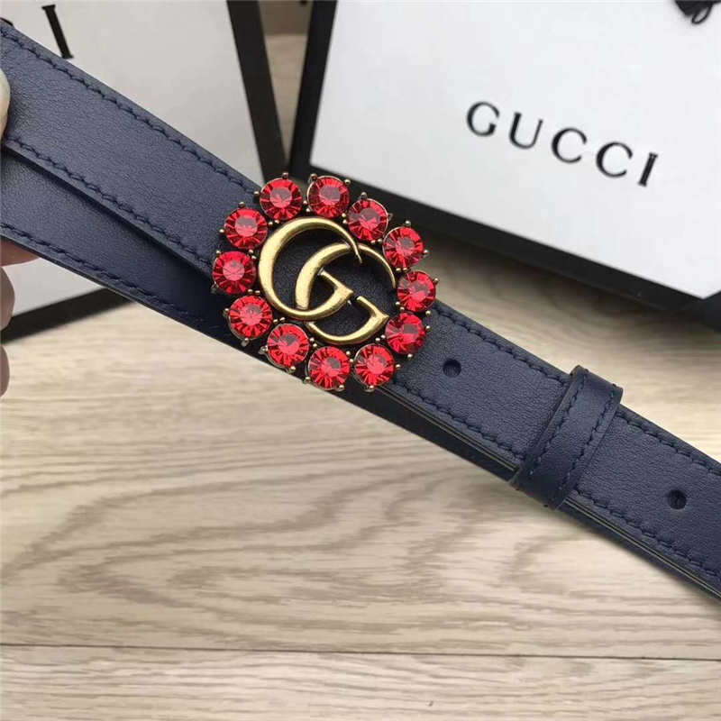 Gucci 模特走秀款 紅色水晶 雙G帶扣 皮革腰帶 深藍(lán)色