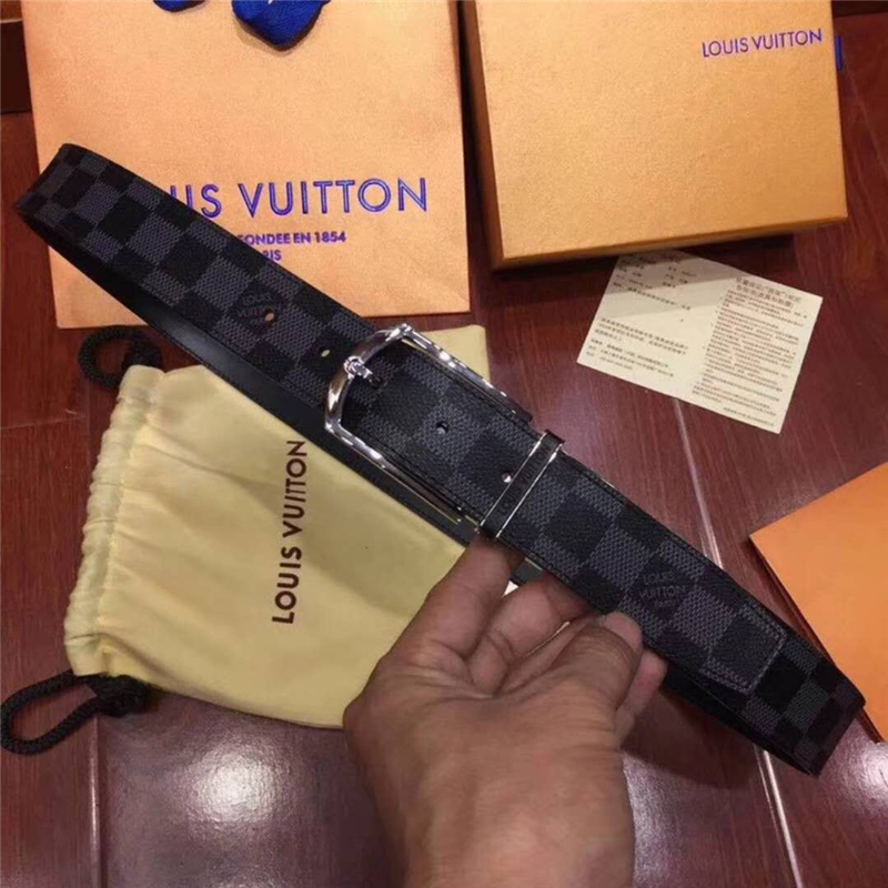 M9074Q LV腰帶 Damier帆布面 SLENDER 雙面可用 男士腰帶 黑棋盤格銀扣