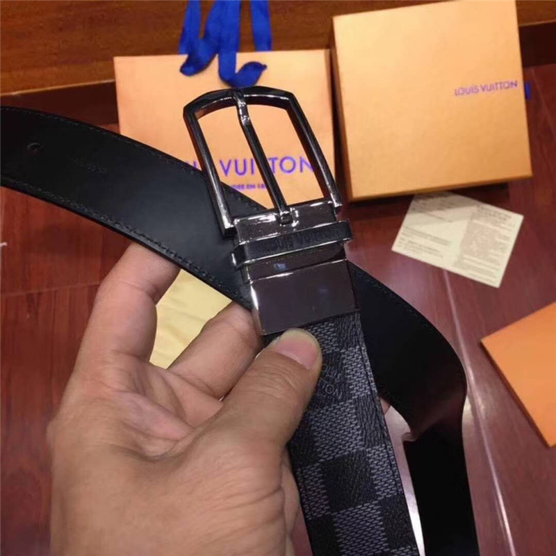 M9074Q LV腰帶 Damier帆布面 SLENDER 雙面可用 男士腰帶 黑棋盤格銀扣