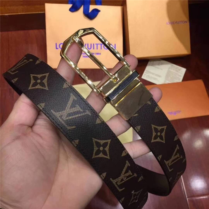 M9054Q LV腰帶 SLENDER 雙面可用 海外原單貨 手工縫線 男士腰帶 金扣啡老花