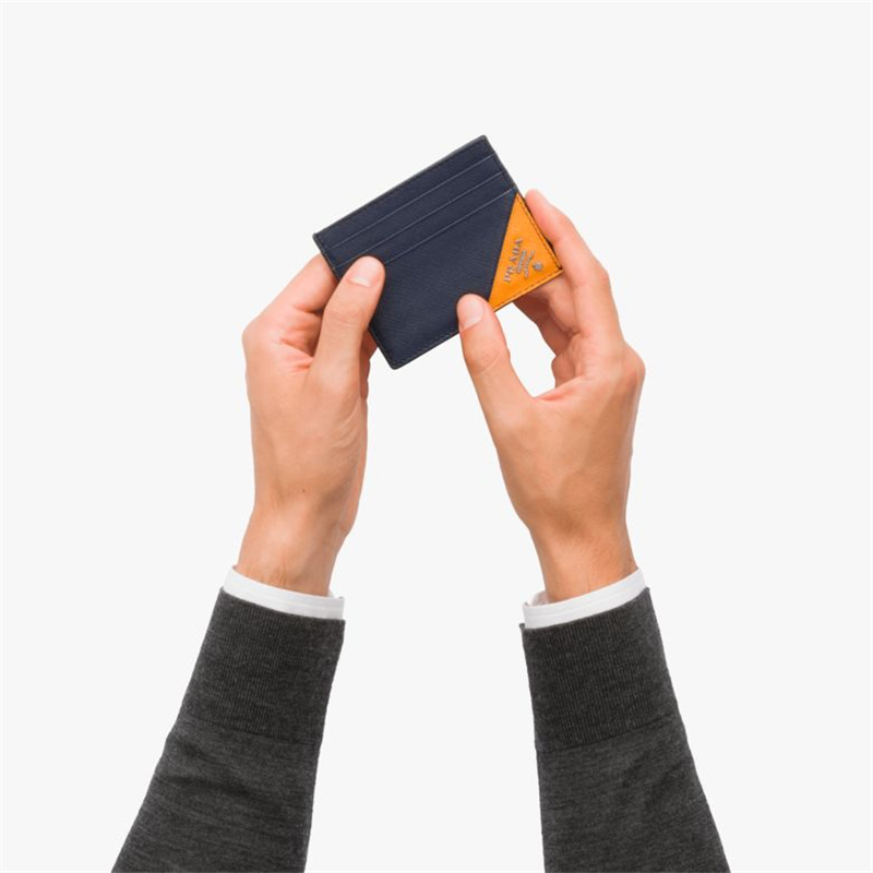 2MC223 Prada普拉達 皮革 嵌花裝飾 卡片夾 海藍拼石榴黃