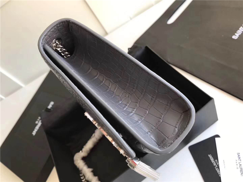 326076 YSL圣羅蘭 專柜最新 細鱷魚紋 流蘇包 深灰銀鏈