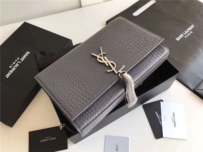 326076 YSL圣羅蘭 專柜最新 細鱷魚紋 流蘇包 深灰銀鏈