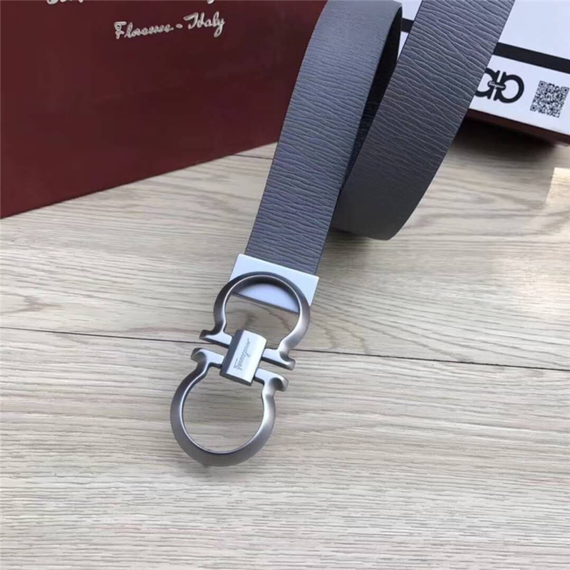 Ferragamo菲拉格慕 雙面樹枝牛皮紋 男士正裝腰帶 商務休閑款 灰帶銀扣