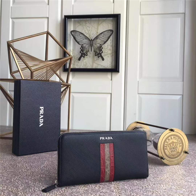 H317G Prada普拉達(dá) 十字紋牛皮配鱷魚皮 拉鏈長(zhǎng)款?yuàn)A 紅拼卡其