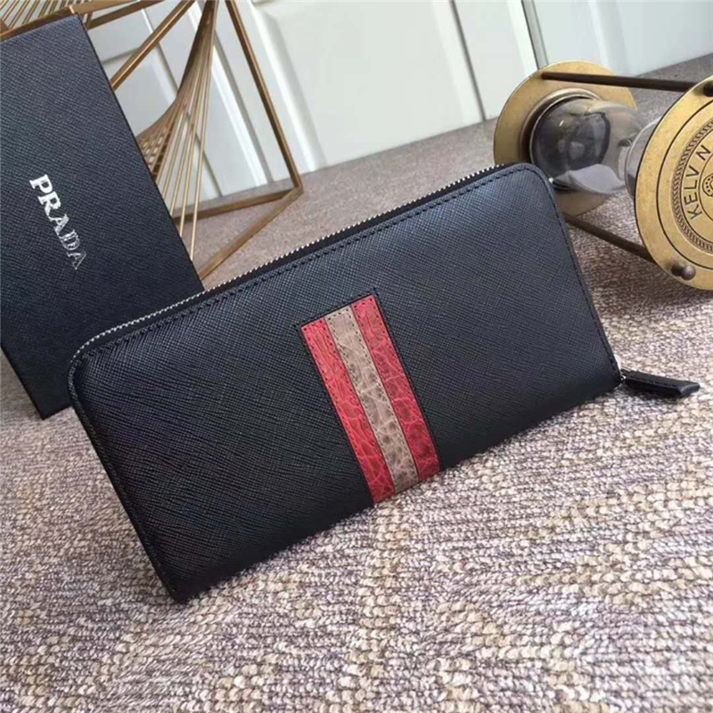 H317G Prada普拉達(dá) 十字紋牛皮配鱷魚皮 拉鏈長(zhǎng)款?yuàn)A 紅拼卡其