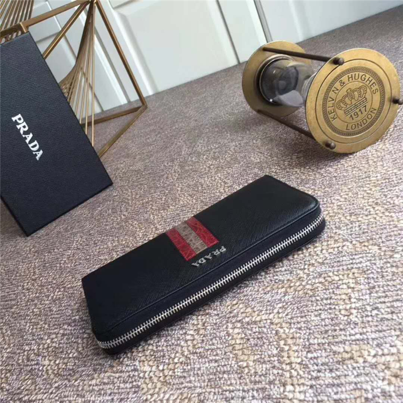 H317G Prada普拉達(dá) 十字紋牛皮配鱷魚皮 拉鏈長(zhǎng)款?yuàn)A 紅拼卡其