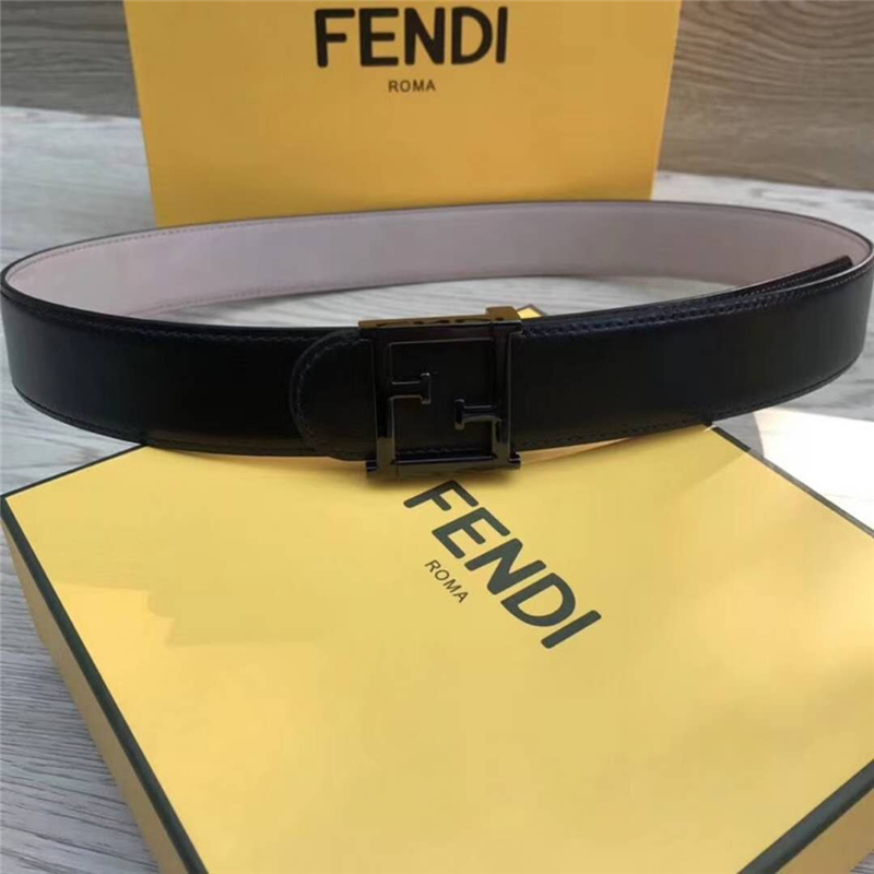 Fendi芬迪 小牛皮 雙F標志 光滑皮 男士腰帶 啞光黑扣