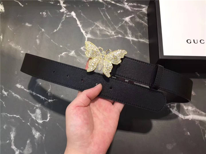 Gucci 2018新款 走秀款 原版牛皮 蝴蝶滿鉆扣頭 黑色金扣