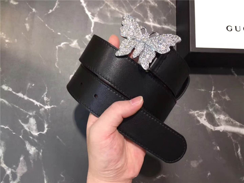 Gucci 2018新款 走秀款 原版牛皮 蝴蝶滿鉆扣頭 黑色銀扣